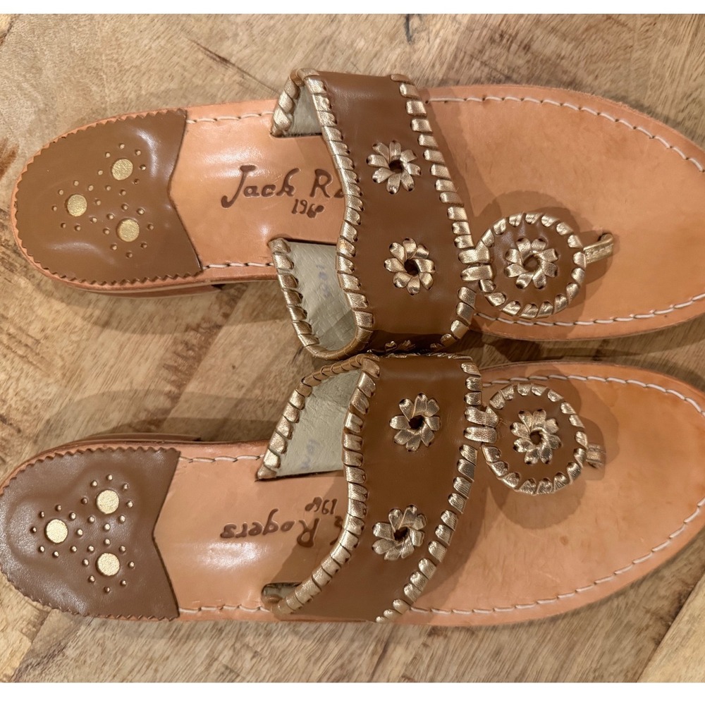 Jack Rogers Hamptons Flat Sandals Oak Brown Gold Whipstitch Leather Thong Slides - Picture 3 of 4